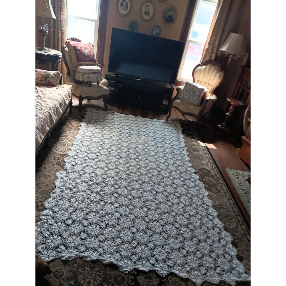 Vtg Hand Crochet Table Cloth  60" By 108